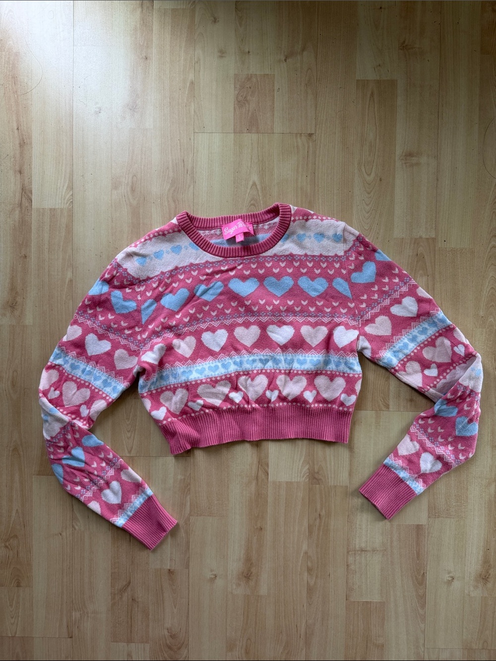 Sugar Thrillz Pink & Blue Heart Sweater Knit Cropped Top